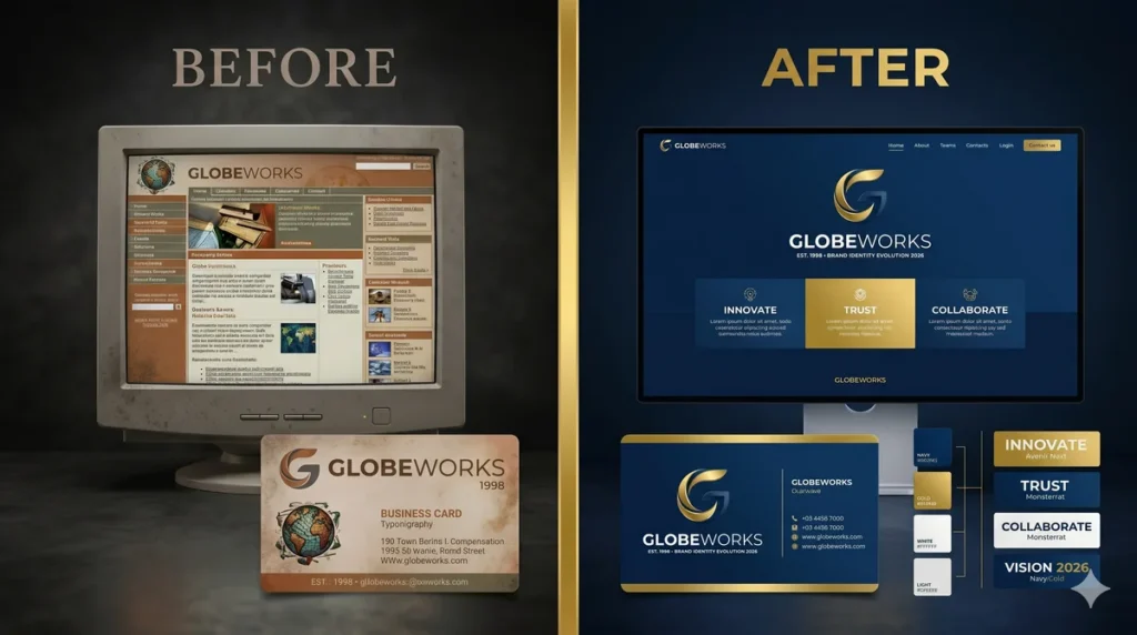 Exemplo de evolução de marca mostrando a transição de uma identidade visual confusa e datada (esquerda) para um sistema visual moderno, limpo e profissional (direita), sob uma interface digital dividida ao meio.