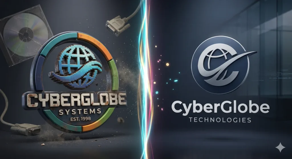 Lupa focada em um logotipo antigo sendo transformado em uma versão moderna e minimalista, simbolizando o processo de redesign.