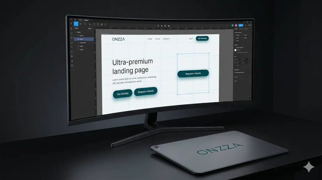 Interface digital de uma landing page premium em alta fidelidade sendo ajustada em um software de design, com foco em usabilidade e sofisticação.