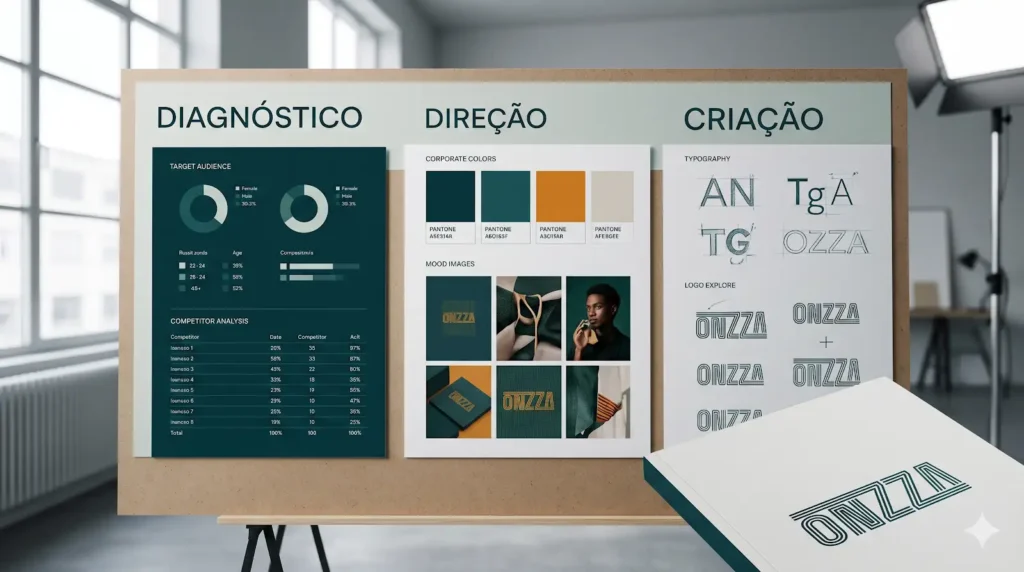 Painel conceitual exibindo as três etapas metodológicas da ONZZA: Diagnóstico, Direção e Criação, representadas por gráficos, paletas de cores e tipografia fina.