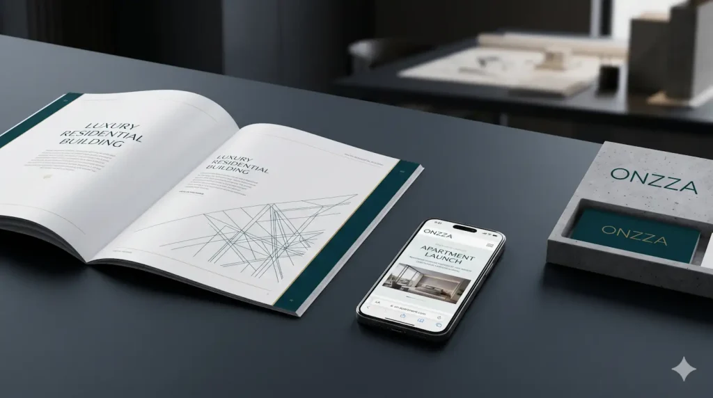 Maquete digital de um edifício residencial de alto padrão ao lado de materiais impressos de branding, como livretos de luxo e paletas de cores sofisticadas.